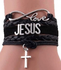 Браслет кожаный с металлической вставкой Love JESUS и крестом (чёрный)