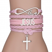Браслет кожаный с металлической вставкой Love JESUS и крестом (розовый)